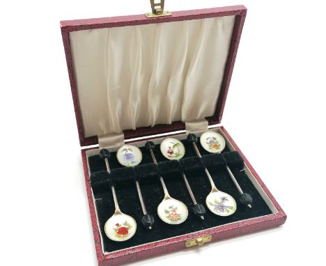 Cased set of 6 x silver coffee bean teaspoons with floral enamel bowls by S J Rose &amp; Son - spoons 10cm &amp; 61g total we