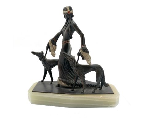 Bronze Art Deco figure of a North American native Indian lady walking 2 borzoi dogs after Otto Poertzel on an onyx base - 14.