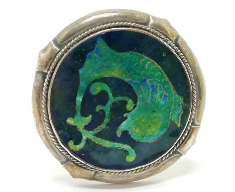 Arts &amp; Crafts unmarked silver buckle with enamel dolphin detail - 5cm diameter &amp; 34g total weight &amp; no obvious da