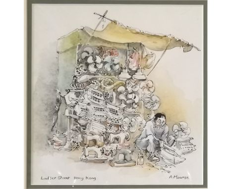 Anne Moorse original watercolour painting of ladder street in Hong Kong - mount 35.5cm x 33cm 
