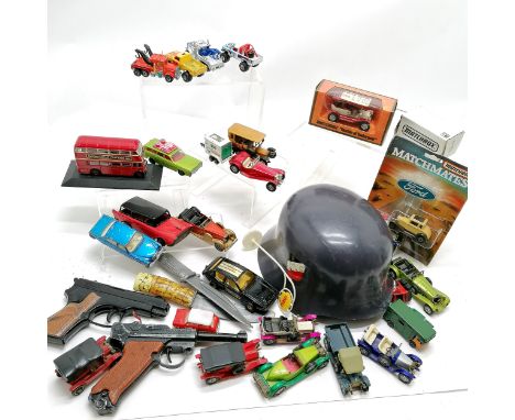 Qty of toy cars inc boxed Matchbox t/w toy Luger cap gun &amp; German helmet