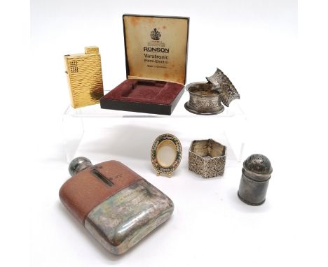 2 silver napkin rings + pepperette (37g) t/w silver plated leather hip flask (inscr Seventh Riley "24"), boxed Ronson lighter