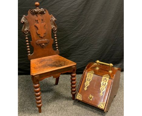 A Victorian shield back mahogany hall chair, bobbin turned supports, 97cm high;  a 19th century elm purdonium / fuel bin (2).