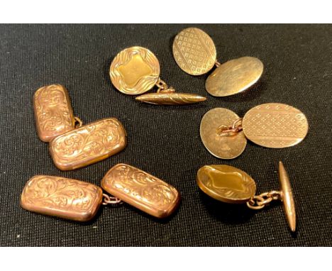 A pair of 9ct gold oval engine turned cufflinks;  another pair rectangular, 6.2g gross;  others indistinctly marked 4.4g gros