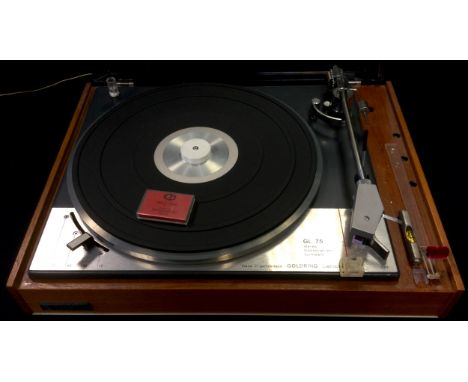 A Goldring Lenco Model GL 75 transcription turntable record player, smokie perspex hinged cover, teak case,  raised on a plin