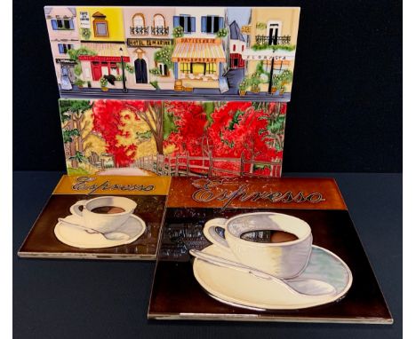 A Kevin Walsh Fiesta Studios ceramic tile, French Street;  others Benaya, Autumn Splendor, Espresso Coffee large and small (4