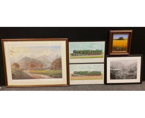 N J Malone, Harvest Time Fields, oil on board, signed, 23cm x 18.5cm;  Rex Preston, after, The Stepping Stones, Dovedale, col