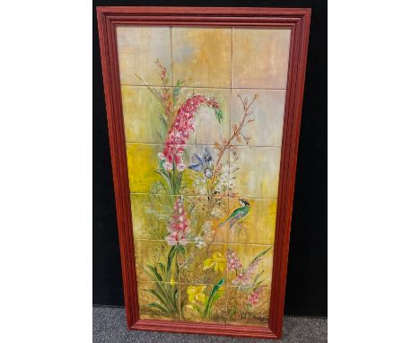 A hand painted eighteen tile panel, Blue tits, Foxgloves &amp; Spring Flowers, indistinctly signed lower right, possibly Sinb
