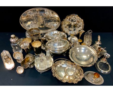 Silverplate  - 19th century and later inc footed tureen; gallery tray; toast rack; pair of frilled shaped bud vases; cocktail