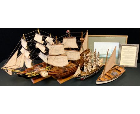 A wooden model ship, The Golden Hind, 44cm high, 54cm long; others, HMS Victory, Wendur etc;  print etc (5) 