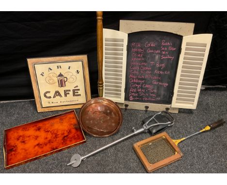 A rustic French style blackboard, louvre doors, 63cm x 46cm overall;  shooting stick seat;  Vitesse Lillywhite Frowd badminto