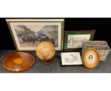 A World Discoverer terrestrial globe table lamp, 42cm high;  Edwardian style oval inlaid tray, brass fittings, 60cm wide;  wi