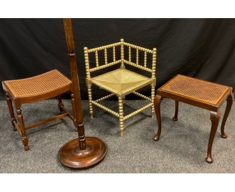 An Arts and Crafts bobbin turned chair, painted gold;  early 20th century mahogany stool, with Bergere weave seat, and anothe