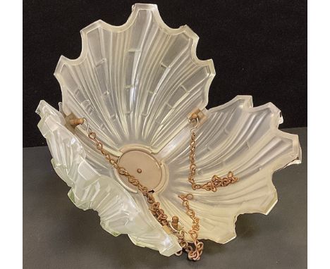 A mid 20th century frosted glass and chrome shell shaped light shade, approx 25cm deep, 40cm diameter 