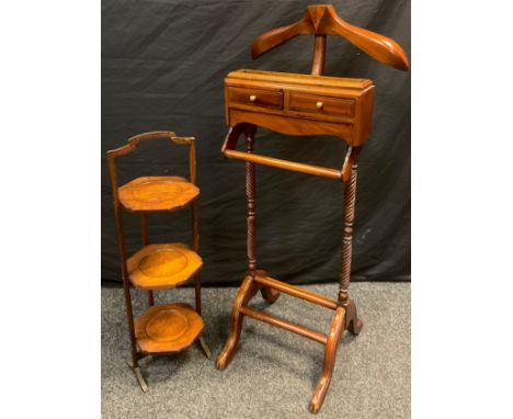 An Edwardian style Valet/Nightstand, hanger top above two drawers, hanging rail, shelf, turned supports, splayed feet, 105cm 