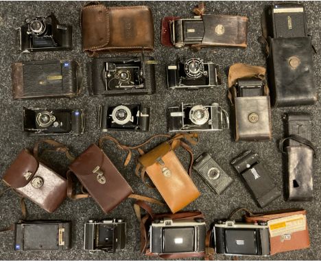 Cameras and camera equipment - a Kodak autographic, model G, bellows camera;  Brownie Dakon shutter bellows camera;  others, 