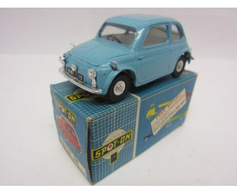 A Triang Spot-On 185 diecast model Fiat 500 in light blue, white interior with black plastic steering wheel, in original blue