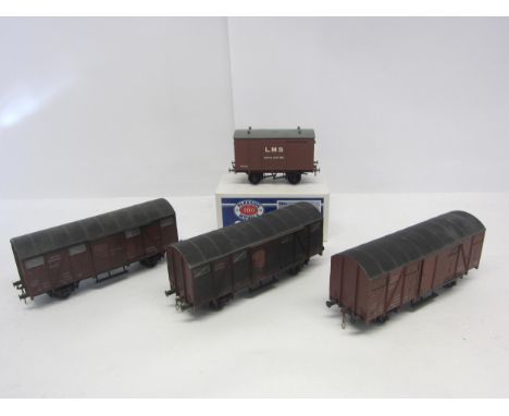 Three Lima 0 gauge BR Ferry Van wagons and a Peco Parkside Models kit built PS09 LMS Ventilated Van with Corrugated Ends with