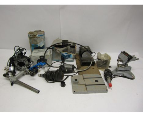 Model making tools including vice, Precision Petite Ltd electric drill, Minicraft jigsaw etc 