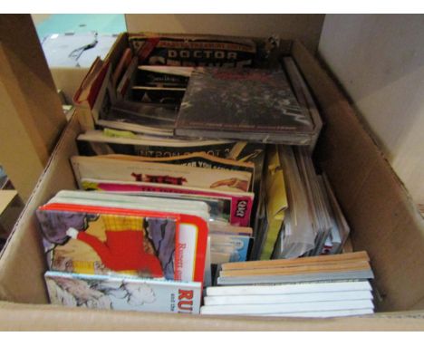 A box of mixed comic related books, magazines and ephemera including Blue Peter, Rupert bear, Comics Encyclopedia etc 