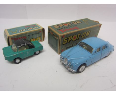 Two Triang Spot-On diecast model vehicles to include 114 Jaguar 3.4 Litre in light blue and 119 Meadow Frisky in turquoise wi
