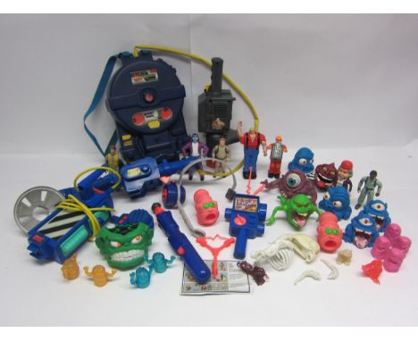 A collection of vintage The Real Ghostbusters figures, weapons and parts including Proton Pack, Ghost Trap, Ghost Zapper Proj