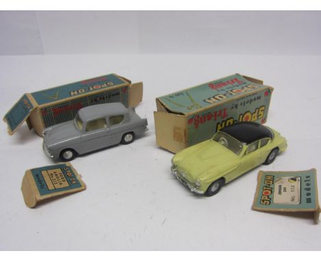 Two Triang Spot-On diecast model cars to include 213 Ford Anglia in grey with cream interior and 112 Jensen 541 in light yell