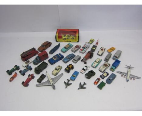 A collection of mixed playworn diecast vehicles including Dinky, Corgi, Crescent tractor, Arbur Products Newmarket Horse Box 