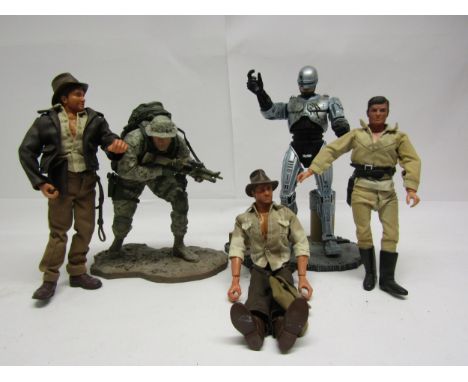 Four assorted poseable action figures to include McFarlane Toys RoboCop, Gabrielle Lone Ranger and two Hasbro Indiana Jones f