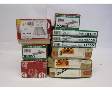 A collection of LGB (Lehmann-Gross-Bahn) track and accessories to include 50340 Station Platforms, 10320 Rail Buffer Stop (x3