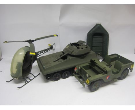 A collection of playworn Action Man and similar plastic military vehicles to include Hasbro helicopter, assault craft, Alvis 