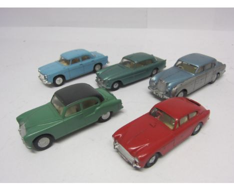 Five unboxed Triang Spot-On diecast cars to include 101 Armstrong Siddeley Sapphire with green body and black roof, 102 Bentl