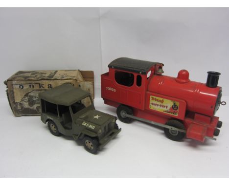 Two large scale pressed steel model vehicles to include Tonka 304 Jeep Commander with original box (box poor) and Triang Puff