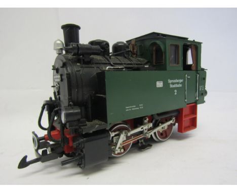 An LGB (Lehmann-Gross-Bahn) G scale 0-4-0 tank locomotive, in green Spremberger Stadebahn livery (a/f) 