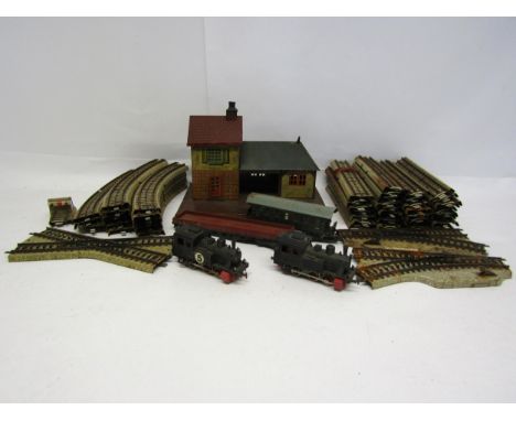 Two playworn Marklin 00/H0 gauge 0-6-0 locomotives no.3029, flat wagon, passenger coach and a quantity of track (a/f), togeth