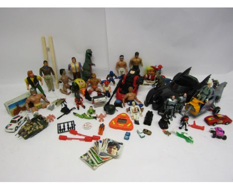 A collection of playworn 1980s action figures, vehicles, accessories and spares including Galoob A Team 'Murdock', 'Viper' an