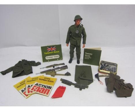 An unboxed Pedigree 'Tommy Gunn' soldier action figure wearing green helmet, gaiters and fatigues, black boots and metal dog 