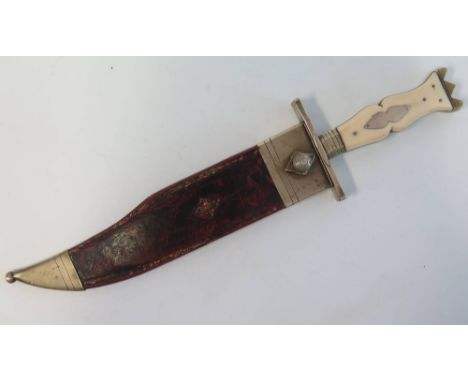 A Broomhead and Thomas Bowie Style Hunting Knife, the steel blade 25.6cm long and 39cm overall, with gilt leather and white m
