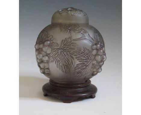 R. Lalique for Robj _ A Raisins Enameled Glass Veilleuse Brûle-Parfume, Model introduced 1921, 16cm high, wheel cut LALIQUE m