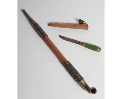 A Chinese Opium Pipe, miniature sword and miniature Finnish knife