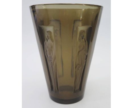 R. Lalique _ A Topaz Six Figurine Vase, 19cm, engraved to the base and moulded mark to the side