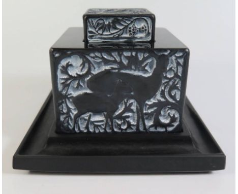 R. Lalique _ A Biches Encrier or Inkwell decorated with grazing deer amongst foliage, 15cm square base by 11cm tall. Model 42
