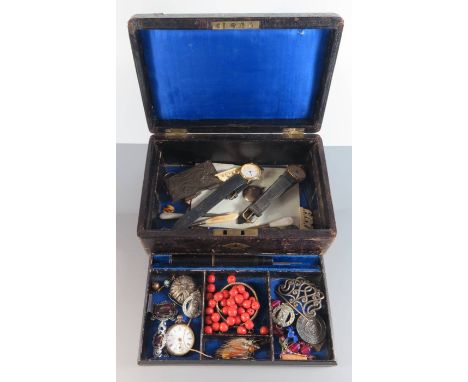 A Victorian Leather Bound Jewellery Box containing large loose coral beads, 43g, silver filigree, pen watches etc