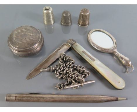 A Collection of Small Silver including Victorian mother of pearl fruit knife, Yard-O-Led, Albert, Miniature hand mirror, thre