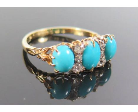 A Yellow Gold Turquoise and Diamond Ring, marks rubbed, size R