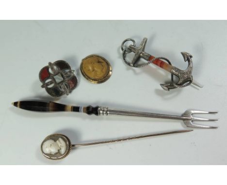 A Victorian Banded Agate Handled Fork and Anchor Brooch, Scottish Silver Hardstone Mounted Brooch, Lava Cameo Pendant etc 