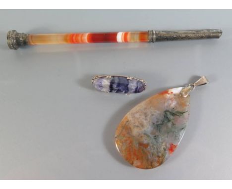 A Victorian Banded Agate Dipping Pen, Blue john silver mounted brooch and moss agate pendant