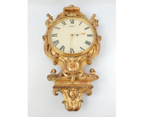 Continental wall clock, late 18th / early 19th C gilt frame, later double chain driven, brass fusee movement, overall 62cm h