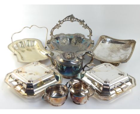 Pair of silver plated tureens, square with canted corners and decorated with Lindisfarne style strapwork, together with a sim