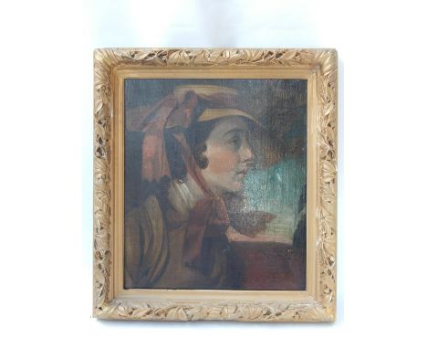 In the manner of William Holman Hunt (1827-1910), portrait of a Victorian girl wearing a straw bonnet, oil, 46 x 39cm, in a g